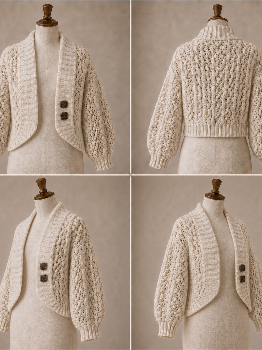 Handmade Ivory Crochet Cropped Cardigan Bolero Balloon Sleeve Open Knit Boho